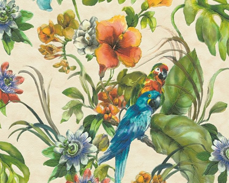 Moderní vinylová tapeta 30015-1  barevné květy a papoušci / Tapety na zeď 300151 Il Decoro (0,53 x 10,05 m) A.S.Création