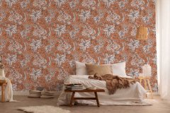 Vliesová tapeta na zeď oranžová, bílá, hnědá, květiny, listy, květinový vzor. Moderní vliesová tapeta z kolekce Daniel Hechter 6