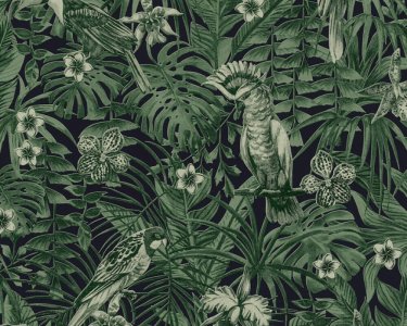 Vliesová tapeta 372101 zelené tropické listy s papouškem / Tapety na zeď 37210-1 Greenery (0,53 x 10,05 m) A.S.Création