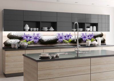 Samolepicí fototapeta na kuchyňskou linku Lávové kameny a fialové květy 350 x 60 cm / KI-350-173 / Fototapety do kuchyně Dimex
