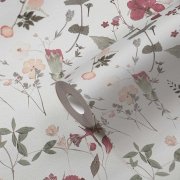 Květovaná vliesová tapeta ve venkovském stylu, matná s jemnou texturou, kombinace šedé, zelené, červené a bílé barvy - kolekce PintWalls II - německý výrobce A.S.Création