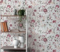 Květovaná vliesová tapeta ve venkovském stylu, matná s jemnou texturou, kombinace šedé, zelené, červené a bílé barvy - kolekce PintWalls II - německý výrobce A.S.Création