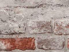 Stará oprýskaná cihlová stěna, stylová vintage vliesová tapeta, barvy šedá, oranžová, strukturální vliesové tapeta z kolekce Andy Wand od výrobce Rasch