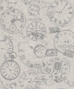 Nápisy, města, hodiny - stylová vintage vliesová tapeta, šedá barva, strukturální vliesové tapeta z kolekce Andy Wand od výrobce Rasch