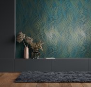 Vliesová tapeta jednobarevná modré, zlaté vlnky 0,53 x 10,05 m / Tapety na zeď Mona 82477 Marburg