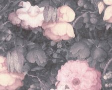 Lifestylová vliesová tapeta černofialový podklad, vícebarevné květy, 3D optika
