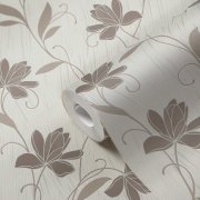 Podklad elegantní vinylové tapety na stěnu 949646 je bílý, květinový vzor je v béžové a metalické barvě
