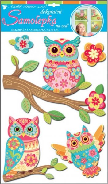 Samolepicí pokojová 3D dekorace barevné sovy 10191 / Samolepka na zeď ( 41 x 29 cm ) Room Decor
