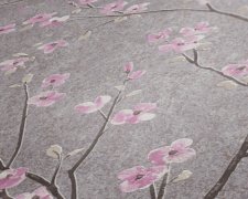 Třešňové květy, květoucí sakura na tapetě v růžové a šedé barvě - vliesová reliéfní tapeta v asijském stylu od A.S.Création.