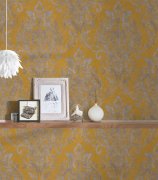 Barokní vliesová tapeta do bytu žlutá, šedá, metalická, zámecký vzor 376812. Kvalitní omyvatelná tapeta z kolekce New Life od AS Création