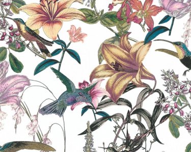 Vliesová tapeta bílá, zelená, modrá, žlutá, květy, ptáci, příroda 377011 / Tapety na zeď 37701-1 Jungle Chic (0,53 x 10,05 m) A.S.Création