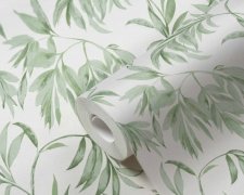Vliesová tapeta ve stylu akvarelu se zelenými listy na bílém podkladu. Vliesová tapeta od A.S.Création