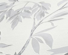 Vliesová tapeta ve stylu akvarelu s šedými listy na bílém podkladu. Vliesová tapeta od A.S.Création