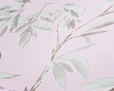 Vliesová tapeta ve stylu akvarelu se šedými, hnědými a fialovými listy na růžovém podkladu. Vliesová tapeta od A.S.Création