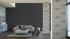 Moderní vliesová retro tapeta, grafická, barva černá, šedá, béžová, zlatá, taupe - kombinace v interiéru.