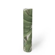 Vliesová tapeta se vzorem velkých zelených listů, design džungle, jemná struktura, kombinace barev zelená, krémová, pomerančová - kolekce Stories of Life - německý výrobce A.S.Création