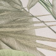 Vliesová tapeta se vzorem velkých zelených listů, design džungle, jemná struktura, kombinace barev zelená, krémová, pomerančová - kolekce Stories of Life - německý výrobce A.S.Création