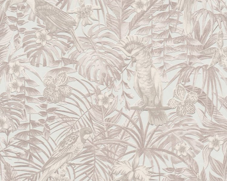 Vliesová tapeta 372102 béžová, šedá, tropické listy s papouškem / Tapety na zeď 37210-2 Greenery (0,53 x 10,05 m) A.S.Création