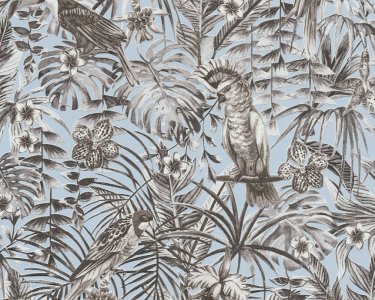 Vliesová tapeta 372103 modrá, černé, šedé tropické listy s papouškem / Tapety na zeď 37210-3 Greenery (0,53 x 10,05 m) A.S.Création