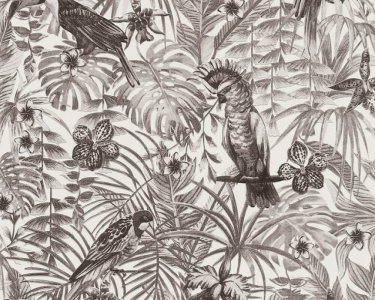 Vliesová tapeta 372105 šedé, černé tropické listy s papouškem / Tapety na zeď 37210-5 Greenery (0,53 x 10,05 m) A.S.Création