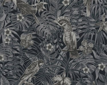 Vliesová tapeta 372104 šedé, krémové tropické listy s papouškem / Tapety na zeď 37210-4 Greenery (0,53 x 10,05 m) A.S.Création