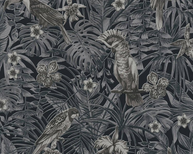 Vliesová tapeta 372104 šedé, krémové tropické listy s papouškem / Tapety na zeď 37210-4 Greenery (0,53 x 10,05 m) A.S.Création