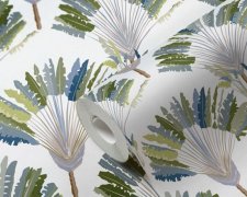 Vliesová tapeta zelená, modrá, šedá, bílá, palmy 377081 / Tapety na zeď 37708-1 Jungle Chic (0,53 x 10,05 m) A.S.Création