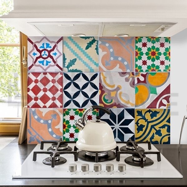 Samolepící panel za sporák Bellacasa na zeď barevné dlaždice, kachličky 67261 / Žáruvzdorná samolepka dekorace do kuchyně koupelny Colorful Tiles Crearreda (47 x 65 cm)