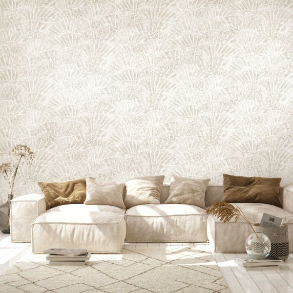 Designová tapeta mořské mušle,  barva bílá,  65004HTM SEASHELL OLD WHITE / exkluzivní vliesová tapeta na zeď 65004-HTM FEEL! (0,53 x 10,05 m) Hohenberger