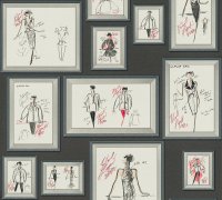Extravagantní vliesová tapeta skici modních návrhů na červeném podkladu, jemně strukturovaná se stříbrnými odlesky - luxusní vliesová tapeta z autorské kolekce Karl Lagerfel od A.S.Création