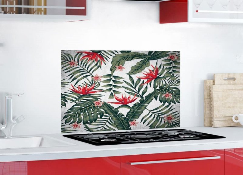 Samolepicí panel za sporák Bellacasa Červené tropické květy 65 x 47 cm / Žáruvzdorná dekorace do kuchyně 67279 Kitchen Panel Red Flowers Crearreda