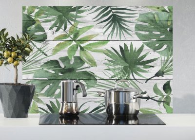 Samolepicí panel za sporák Bellacasa Dřevěné desky s tropickými listy 65 x 47 cm / Žáruvzdorná dekorace do kuchyně 67281 Kitchen Panel Tropical Wood Crearreda