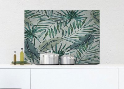 Samolepicí panel za sporák Bellacasa Tropické listy 65 x 47 cm / Žáruvzdorná dekorace do kuchyně 67283 Kitchen Panel Tropical Leaves Crearreda
