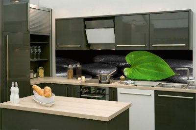 Samolepicí fototapeta na kuchyňskou linku ZEN - Zelený list a černé kameny 260 x 60 cm / KI-260-169 / Fototapety do kuchyně Dimex