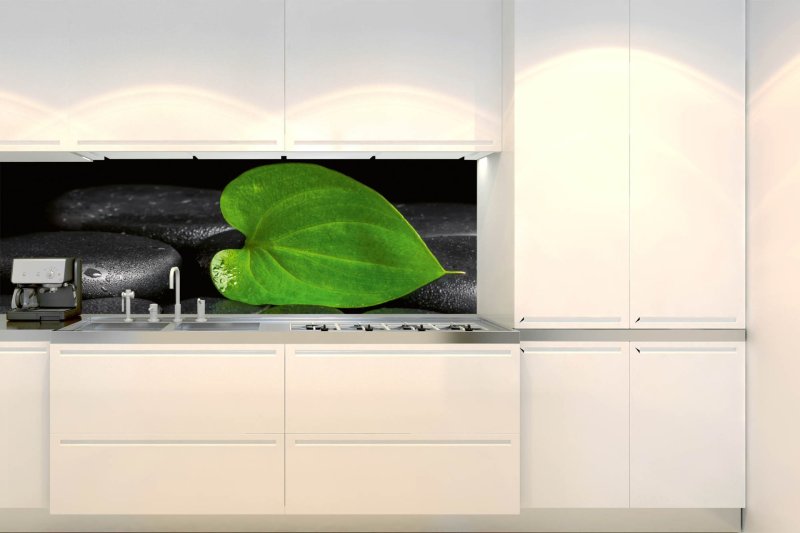 Samolepicí fototapeta na kuchyňskou linku ZEN - Zelený list a černé kameny 180 x 60 cm / KI-180-169 / Fototapety do kuchyně Dimex