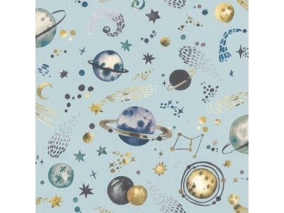 Dětská vliesová tapeta modrá, zlatá - vesmír, planety 300949 / Tapety na zeď Kids world, Aldora IV (0,53 x 10,05 m) Rasch