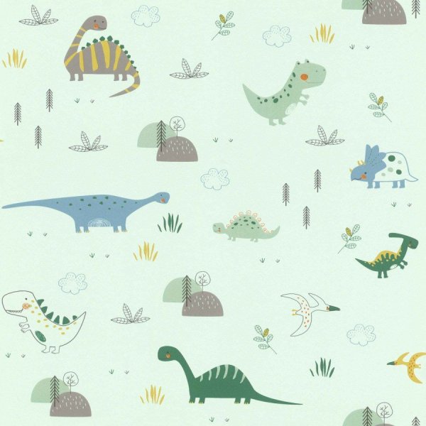 Dětská papírová tapeta 249330 zelená, dinosauři / Papírové tapety na zeď Aldora 2020 (0,53 x 10,05 m) Rasch