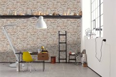 Stylová tapeta cihlová stěna v kombinaci barev šedé, bílé, oranžové, červené a černé, moderní vintage styl, retro