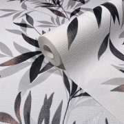 Vliesová tapeta, bílá s černými listy 0,53 x 10,05 m / Tapety na zeď Mona 82458 Marburg