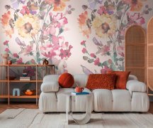 Tapetový designový panel Amelia - vliesová fototapeta s květinovým vzorem, kytice na jemném pozadí – barvy růžová, žlutá, zelená, vícebarevná -  z kolekce Cosmo Living od A.S. Création