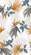 Tapetový designový panel Tropelia - vliesová fototapeta s tropickými květinami a listy v teplých a studených tónech – barvy béžová, modrá, hnědá -  z kolekce Cosmo Living od A.S. Création