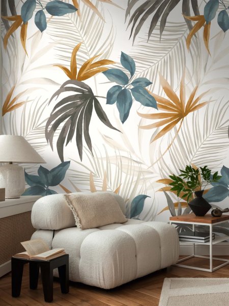 Tapetový stěnový panel tropické květiny a listy v teplých a studených tónech Tropelia 791451 / Cosmo Living vliesová tapeta 79145-1 (role 0,53 x 8,80 m) A.S.Création