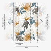 Tapetový designový panel Tropelia - vliesová fototapeta s tropickými květinami a listy v teplých a studených tónech – barvy béžová, modrá, hnědá -  z kolekce Cosmo Living od A.S. Création