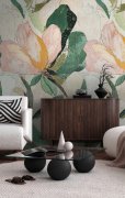 Tapetový designový panel Magnolia - vliesová fototapeta velkoformátový květ magnolie s bujnými listy ve vintage stylu – barvy růžová, oranžová, meruňková, zelená, monibarevná - z kolekce Cosmo Living od A.S. Création