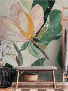 Tapetový designový panel Magnolia - vliesová fototapeta velkoformátový květ magnolie s bujnými listy ve vintage stylu – barvy růžová, oranžová, meruňková, zelená, monibarevná - z kolekce Cosmo Living od A.S. Création