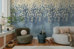 Tapetový designový panel Splývající listy - vliesová fototapeta s volně splývajícími zlatými listy na modrém podkladu – barvy zlatá, žlutá, okrová, modrá - z kolekce Cosmo Living od A.S. Création