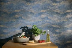 Moderní vliesová tapeta s abstraktním vlnovým vzorem, lehce lesklou a rovnoměrnou texturou– kombinace barev modrá, zlatá, měděná, metalická 786561 - kolekce Hot Spots německého výrobce A.S.Création