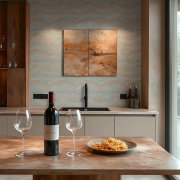 Moderní vliesová tapeta s abstraktním vlnovým vzorem, lehce lesklou a rovnoměrnou texturou – kombinace barev modrá, krémová, měděná, metalická 786565 - kolekce Hot Spots německého výrobce A.S.Création