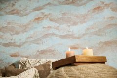 Moderní vliesová tapeta s abstraktním vlnovým vzorem, lehce lesklou a rovnoměrnou texturou – kombinace barev modrá, krémová, měděná, metalická 786565 - kolekce Hot Spots německého výrobce A.S.Création