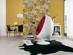 Žlutá, šedá, bílá vliesová tapeta 377013 z kolekce Architects Paper - Jungle Chic. Vzor - květy, ptáci, přírodní motiv